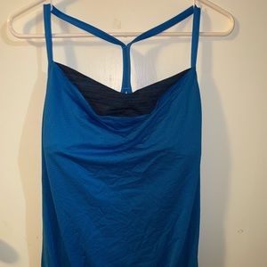 blue & gray scoop-back workout top w/ built in bra